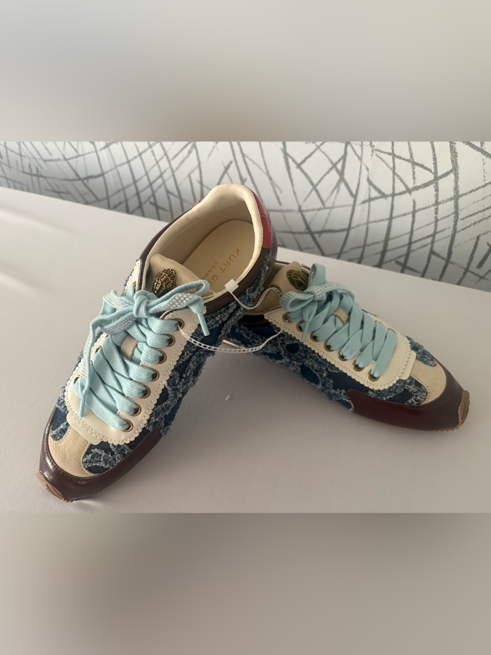 Kurt Geiger London Islington Frayed Denim Sneaker with Leather Accents . - Picture 8 of 13